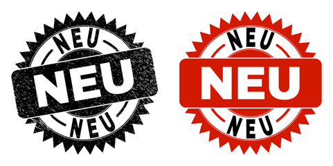 Obraz premium Black rosette NEU seal stamp. Flat vector scratched seal stamp with NEU phrase inside sharp rosette, and original clean version. Watermark with grunge surface.