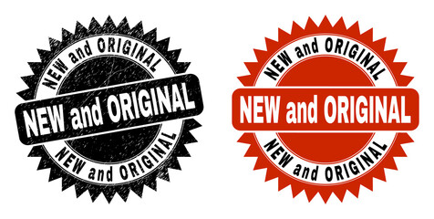 Black rosette NEW AND ORIGINAL seal. Flat vector scratched seal with NEW AND ORIGINAL text inside sharp rosette, and original clean template. Imprint with scratched style.