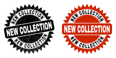 Black rosette NEW COLLECTION watermark. Flat vector distress seal with NEW COLLECTION message inside sharp rosette, and original clean version. Watermark with distress surface.