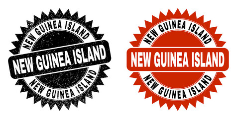 Black rosette NEW GUINEA ISLAND seal stamp. Flat vector textured watermark with NEW GUINEA ISLAND phrase inside sharp rosette, and original clean template. Watermark with corroded surface.