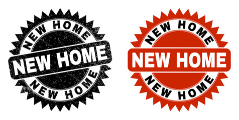 Obraz premium Black rosette NEW HOME watermark. Flat vector grunge seal with NEW HOME caption inside sharp rosette, and original clean template. Watermark with distress surface.
