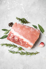 Food preparation raw meat ham beef lamb with rosemary. the butcher shop showcase. lunch or dinner new year Christmas Holiday,  food top view