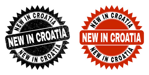 Black rosette NEW IN CROATIA watermark. Flat vector grunge watermark with NEW IN CROATIA phrase inside sharp rosette, and original clean source. Rubber imitation with corroded surface.