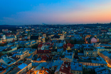 Aerial view of historic center of Lviv, Ukraine. Lvov cityscape. View from Lviv Town Hall