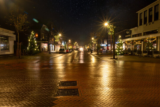 Despite the COVIS-19 crisis and closed shops, the streets in Dedemsvaart province of Overijssel are still beautifully lit at night with Christmas lights,