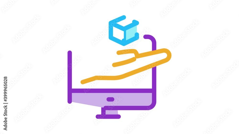 Poster hand hold cube computer screen Icon Animation. color hand hold cube computer screen animated icon on white background