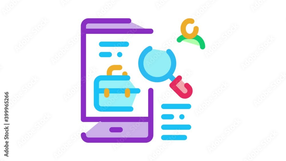 Poster phone application search job icon animation. color phone application search job animated icon on whi