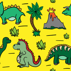 Cute seamless pattern with dinosaurs, palm trees and volcanoes drawn by hand. Print for children. Vector illustration.