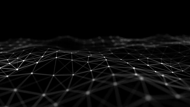 Abstract wave with moving dots and lines. Flow of particles. Cyber technology illustration. 3d rendering