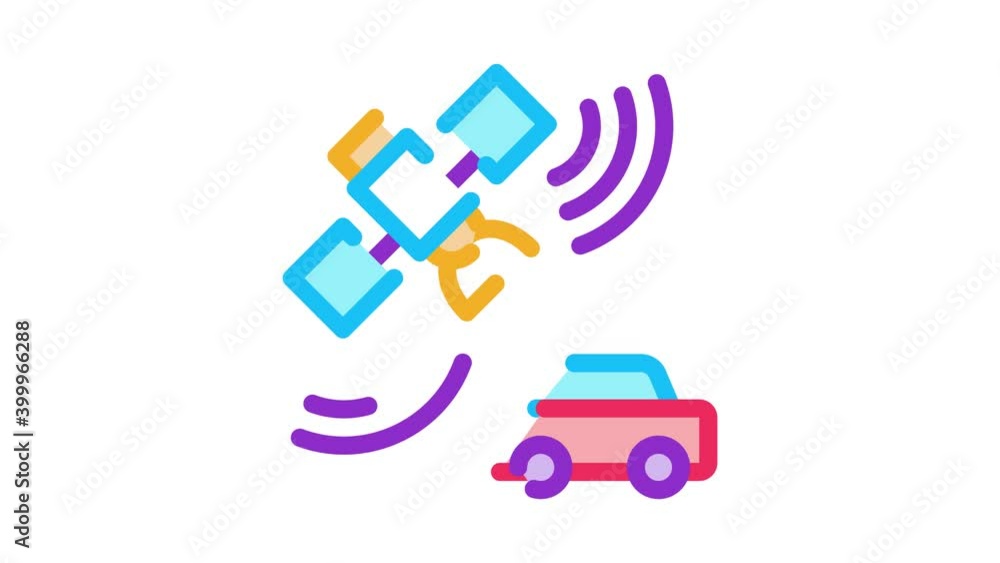 Poster satellite connection with car icon animation. color satellite connection with car animated icon on w