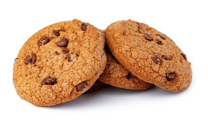 Pile of chocolate chip cookies isolated on white background