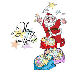 New Years card, banner. Christmas.happy new year inscription.Santa Claus Throws stars.graphic colorful drawing. isolated on a white background.Black outline.