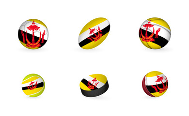 Sports equipment with flag of Brunei. Sports icon set.