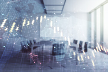 Multi exposure of virtual abstract financial chart hologram and world map on a modern meeting room background, research and analytics concept