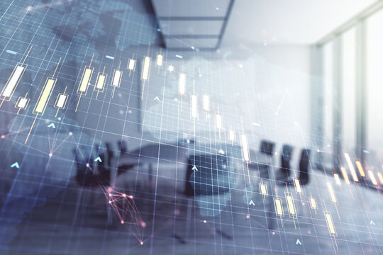 Multi exposure of virtual abstract financial chart hologram and world map on a modern meeting room background, research and analytics concept