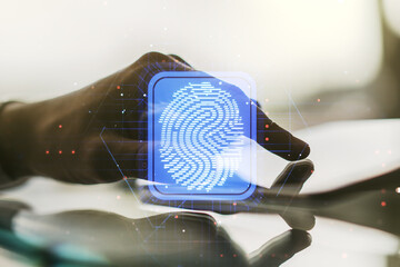 Multi exposure of abstract creative fingerprint illustration with finger presses on a digital tablet on background, digital access concept