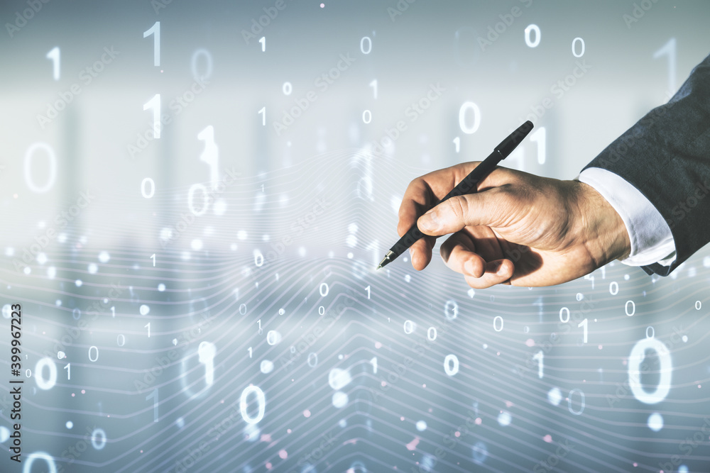 Aufkleber man hand with pen working with abstract virtual binary code hologram on blurred office background, a