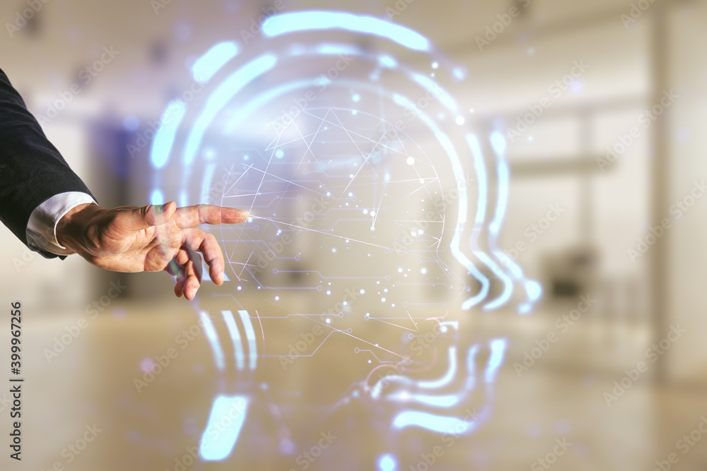 Poster man hand clicks on abstract virtual artificial intelligence concept with human head sketch on blurre
