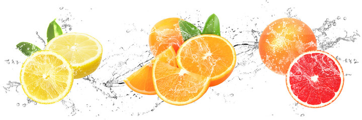 Fresh Fruits with water splash on isolated white background | Lemon, Orange and Grapefruit © Marek