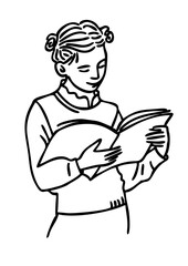 Girl teenager stands and reads a book on a white background. Linear style Outline drawing