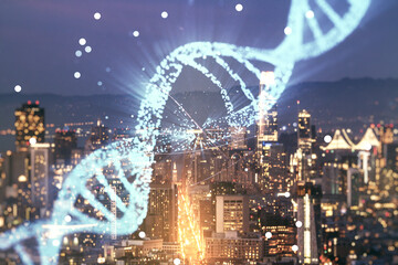 DNA hologram on San Francisco cityscape background, science and biology concept. Multiexposure