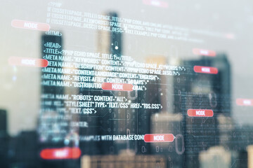 Double exposure of abstract programming language interface on blurry cityscape background, research and development concept