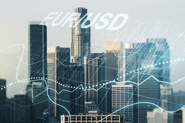 Abstract virtual EURO USD financial chart illustration on Los Angeles skyline background. Trading and currency concept. Multiexposure