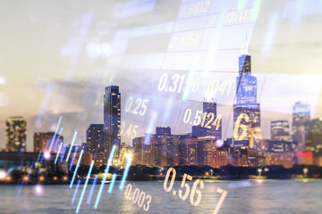 Double exposure of virtual creative financial diagram on Chicago office buildings background, banking and accounting concept
