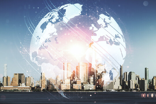 Abstract creative world map interface on New York city skyline background, international trading concept. Multiexposure
