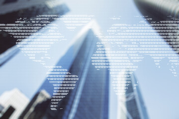 Abstract creative digital world map on modern architecture background, globalization concept. Multiexposure