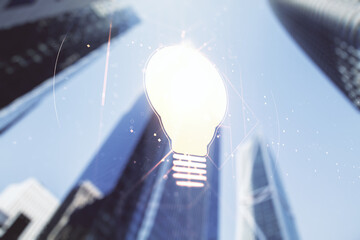 Abstract virtual light bulb illustration on modern architecture background, future technology...