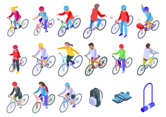 Kids cycling icons set. Isometric set of kids cycling vector icons for web design isolated on white background
