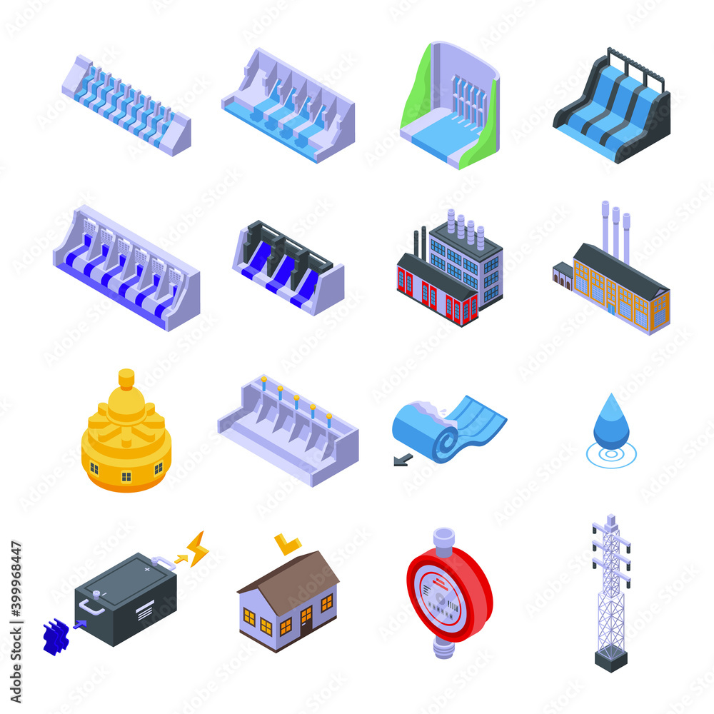 Poster hydro power icons set. isometric set of hydro power vector icons for web design isolated on white ba