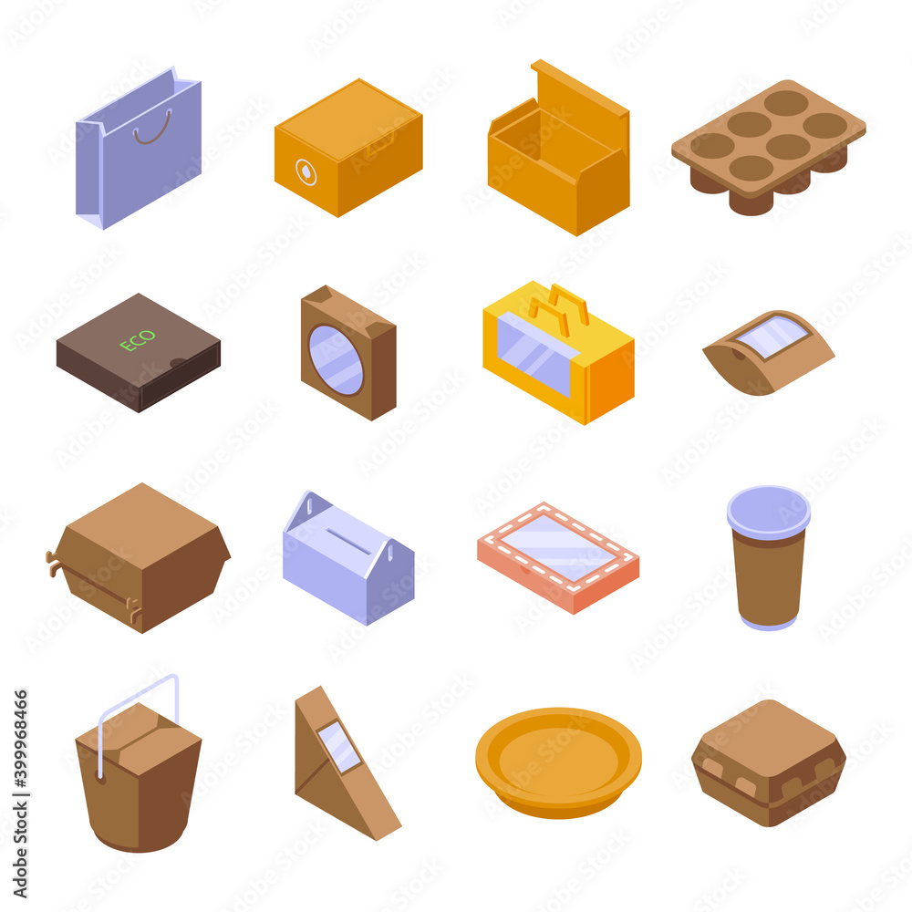 Poster eco packaging icons set. isometric set of eco packaging vector icons for web design isolated on whit