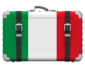 Stylish suitcase with the national Flag of Italy. Retro suitcase with the national Flag of Italy stands on a white surface. 3D illustration
