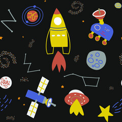 Seamless Pattern Rocket, planets, comet, stars, ufo in Cosmos. Space exploration, space trip. Childish, Cute style background.  Illustration for textile, fabric, wallpaper, web design. Vector