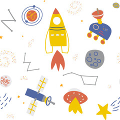 Seamless Pattern Rocket, planets, comet, stars, ufo in Cosmos. Space exploration, space trip. Childish, Cute style background.  Illustration for textile, fabric, wallpaper, web design