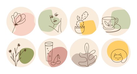 Vector set of round boho icons and emblems for social media story highlight covers. Hand-drawn trendy design templates for bloggers, designers and photographers.
