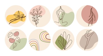 Vector set of round boho icons and emblems for social media story highlight covers. Hand-drawn trendy design templates for bloggers, designers and photographers.