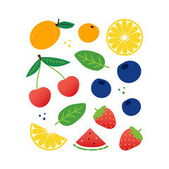 Set, collection of colorful cartoon style fruits and berries. Apricots, lemon slices, cherry, strawberry, watermelon, blueberry icons.
