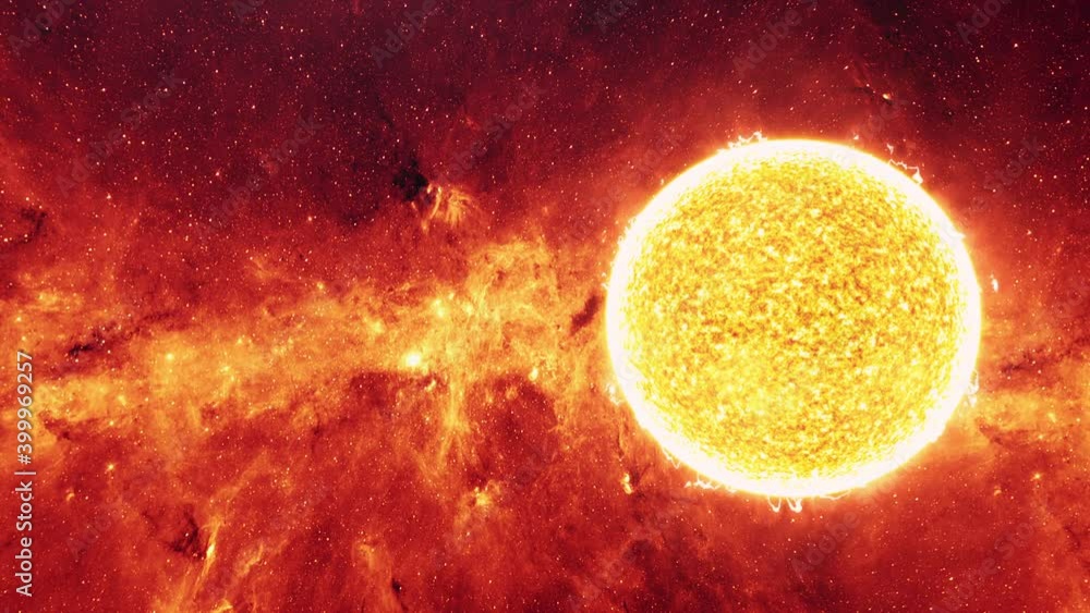 Poster galaxy traveling to other universe with big sun sphere in space. space flight into glowing orange re