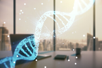 Creative DNA sketch and modern desk with computer on background, biotechnology and genetic concept. Multiexposure