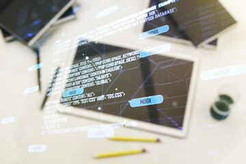 Double exposure of abstract creative programming illustration and modern digital tablet on background, big data and blockchain concept
