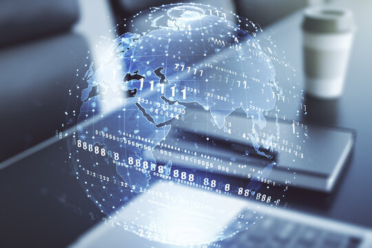 Multi exposure of abstract graphic coding sketch with world map on modern computer background, big data and networking concept
