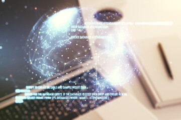 Fototapeta premium Double exposure of abstract creative programming illustration with world map on computer background, big data and blockchain concept