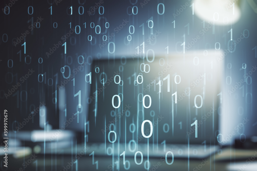 Aufkleber double exposure of creative abstract binary code hologram on laptop background. database and program