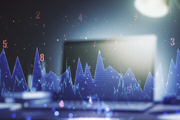 Multi exposure of stats data illustration on modern laptop background, computing and analytics concept