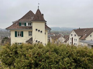 A Switzerland village with a samll hous tower 