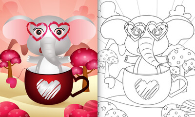 coloring book for kids with a cute elephant in the cup themed valentine day