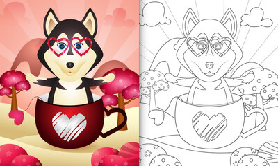 coloring book for kids with a cute husky dog in the cup themed valentine day